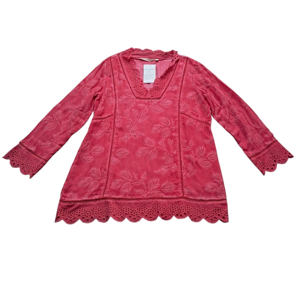 Soft Surroundings Deidre Tunic Top Women's Small Coral Pink Boho Eyelet Floral